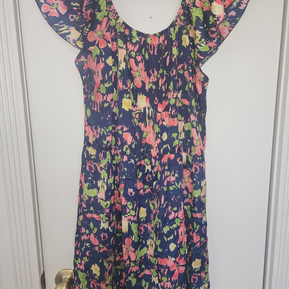 Navy Floral Scoop-Neck Casual Mini Dress with Pink & Lime Accents